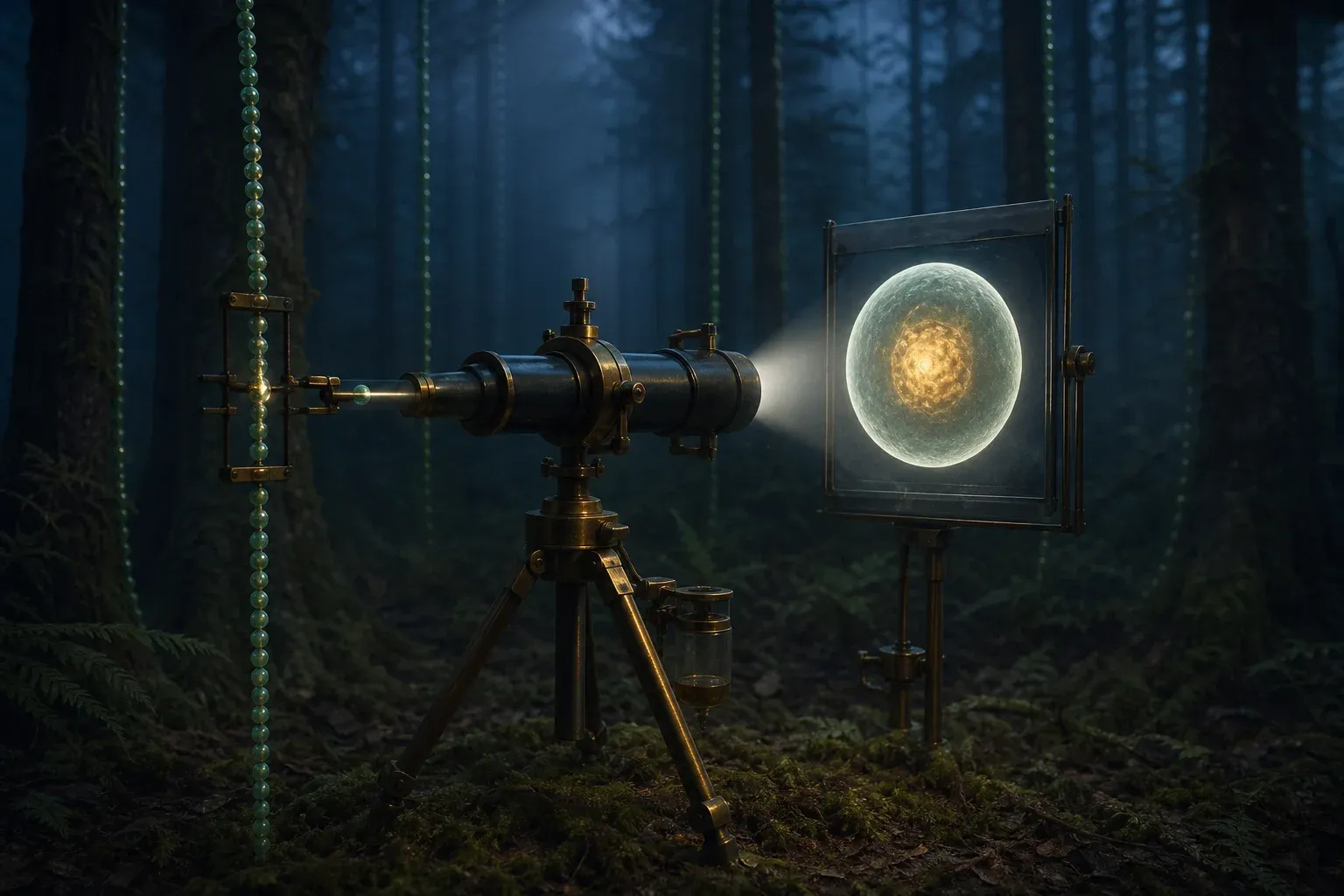 A tripod-mounted lens clamps and brightly illuminates one bead in a long braid of faintly glowing seed-pods on a forest trunk at night.
