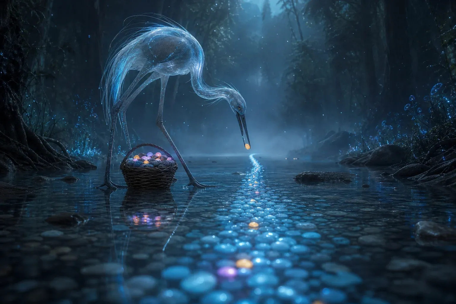 A wading creature picks rare colored stones from an endless line of glowing pebbles in a river inside a bioluminescent forest.