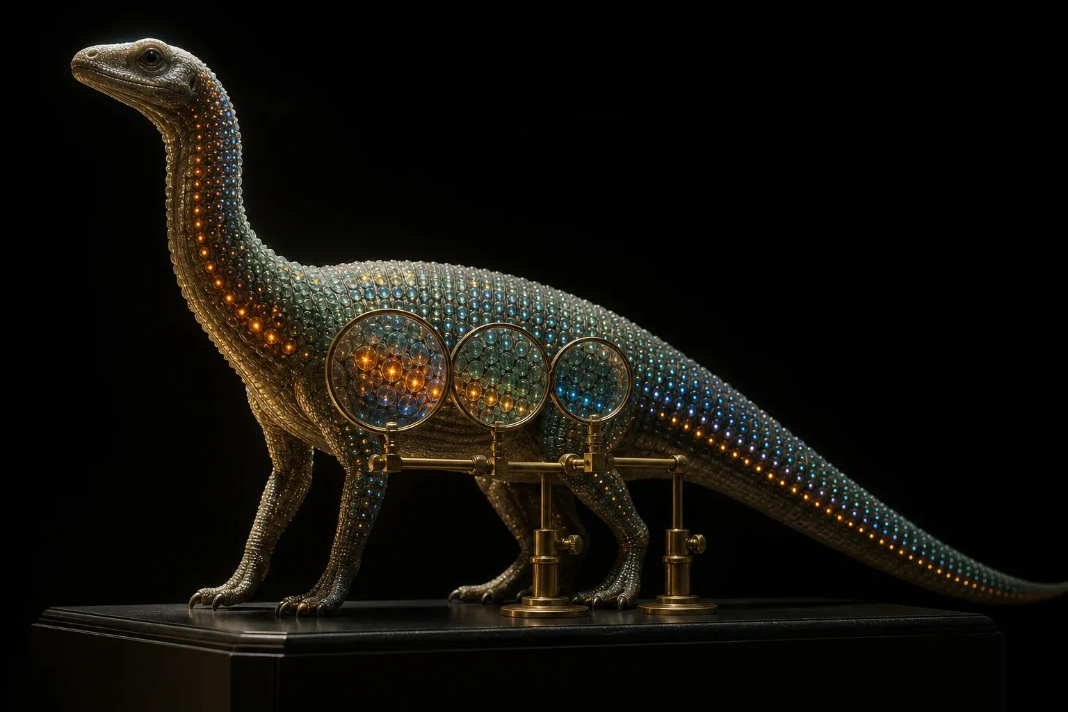 A studio-lit reptilian specimen covered in tiny glowing scales, with magnifying lenses on brass arms enlarging a few of them.