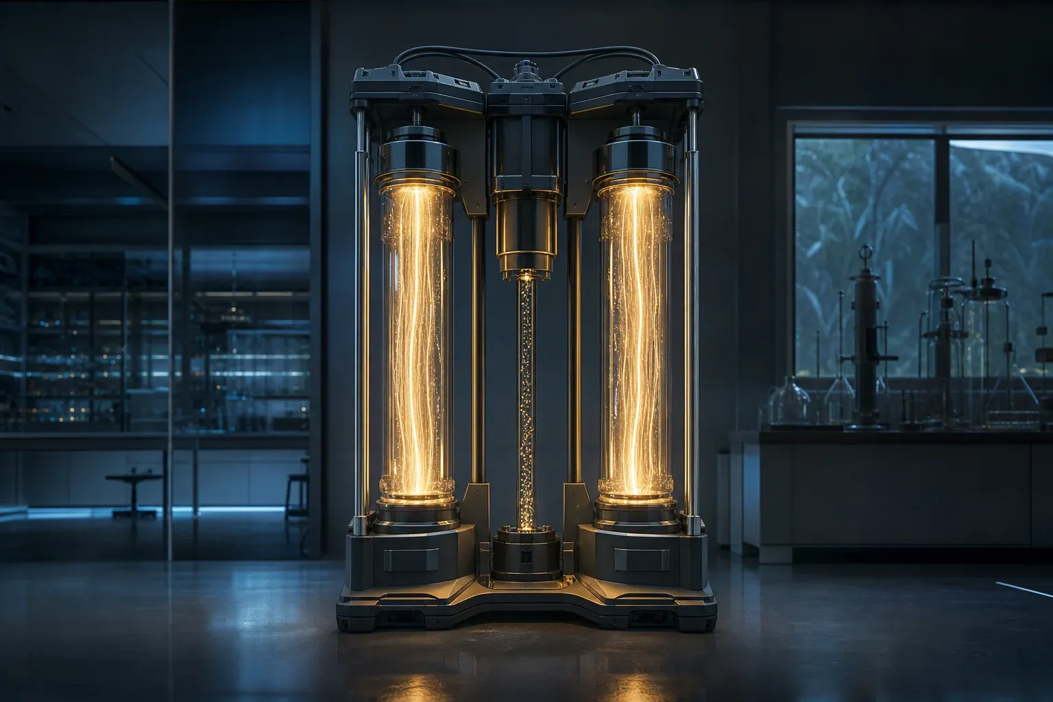 A lab instrument comparing two glowing tissue ribbons in glass columns, with a narrow middle channel collecting bright differing particles.