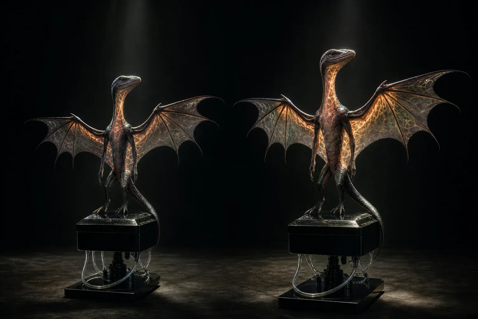 Two studio-lit mounts of the same iridescent winged reptile on black plinths, their translucent throats and wings glowing with amber vessels, one brighter.