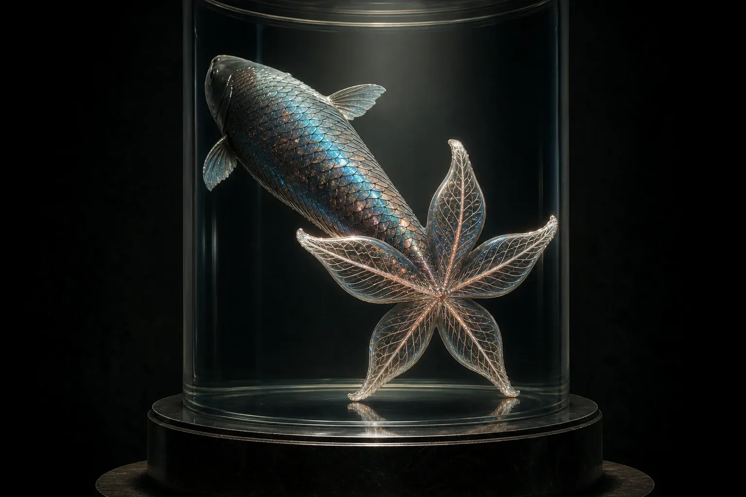 A studio-lit iridescent salmon-like specimen in a glass column of fluid, its tail ending in a glowing five-pointed radial fin, against black.