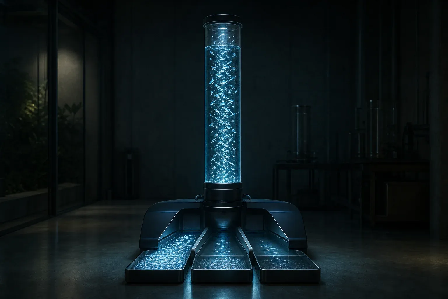 A glass column of glowing fish-shaped tokens threaded with light feeds a sleek lab machine that sorts them into three lit channels.