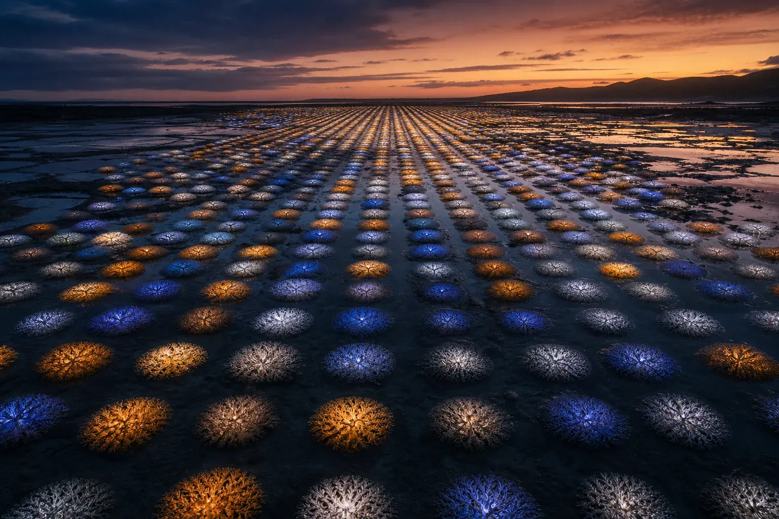 A tidal flat covered in a grid of flat coral cells glowing at different intensities, reflected in shallow water at dusk.