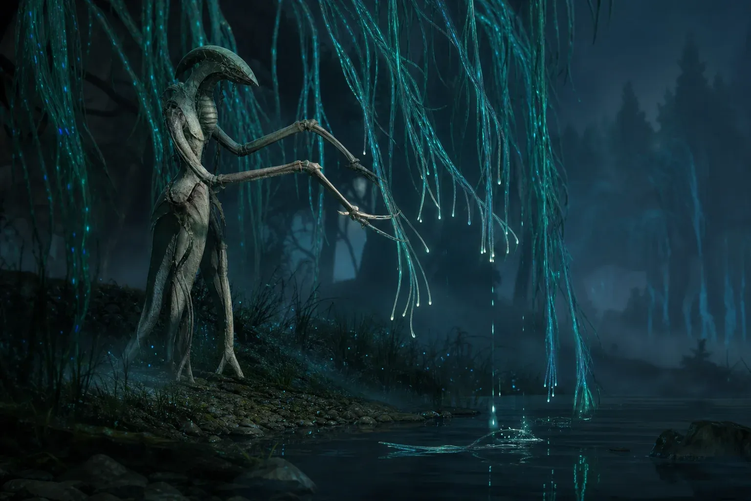 A tall shears-handed creature prunes frayed tips from glowing ribbon-like plants above a dark river in a misty luminous grove.