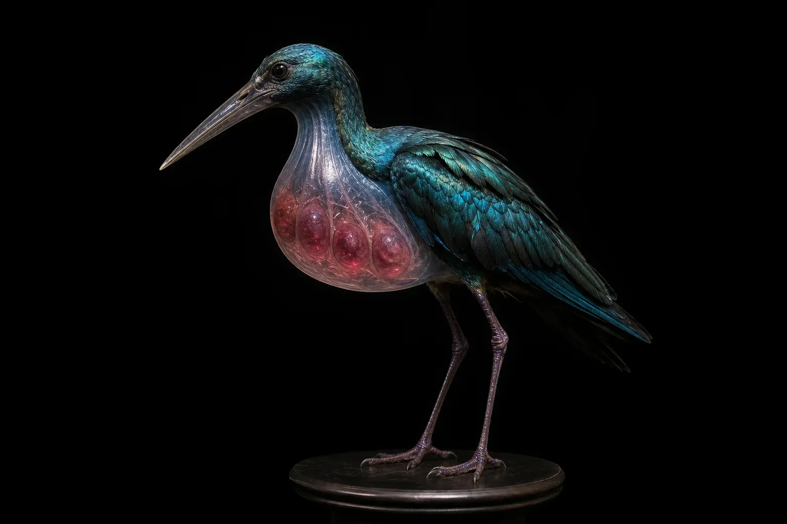 A studio-lit iridescent wading bird on a stand, its clear throat showing four glowing red fluid chambers in a row.