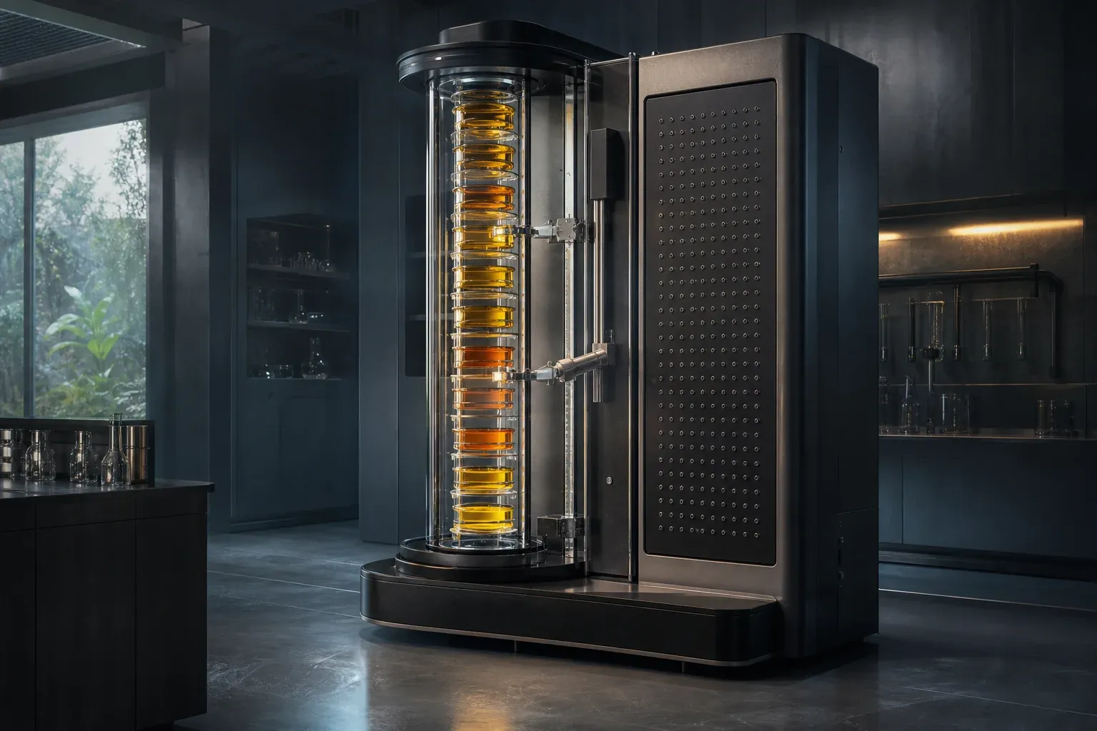 A tall glass laboratory instrument holding a stack of glowing amber fluid cartridges, each a slightly different shade, in a dark clean lab.