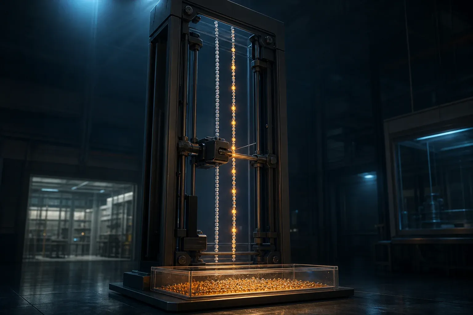 A lab instrument compares two glowing DNA strands, flagging mismatched points with amber markers that fall into a tray.