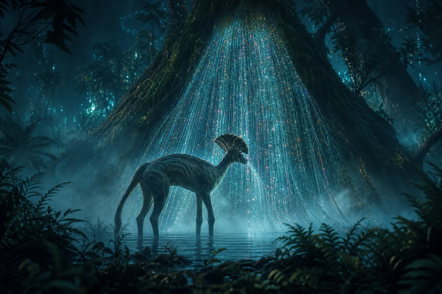 A tall animal touches a waterfall of glowing filaments beaded with colored lights, in a misty bioluminescent forest at night.