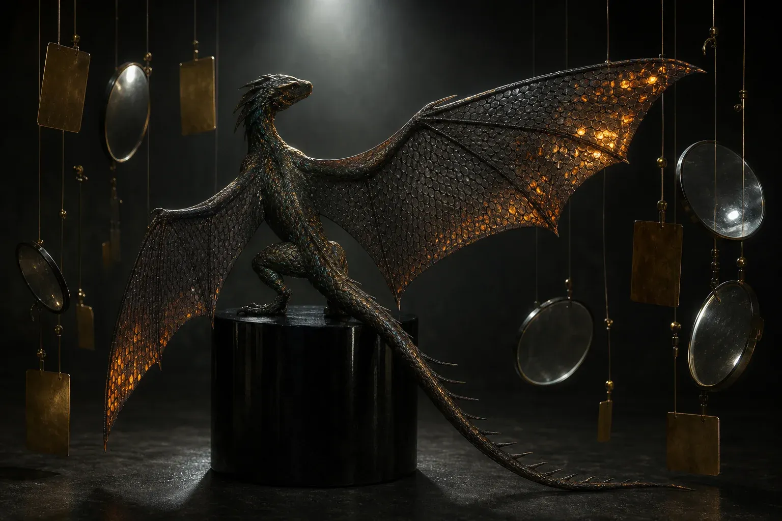 An iridescent winged reptile on a black pedestal, its glassy wing scales mostly dark with a few glowing amber, surrounded by hanging blank tags and lenses.
