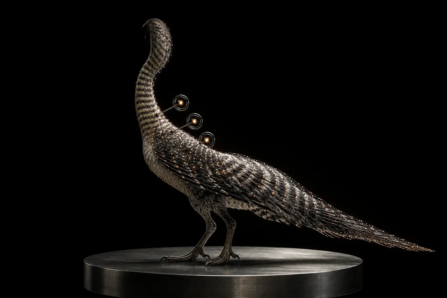 A studio-lit feathered reptile specimen on a steel plinth, its plumage dotted with thousands of faint glowing points narrowing to three bright ones under floating glass lenses.