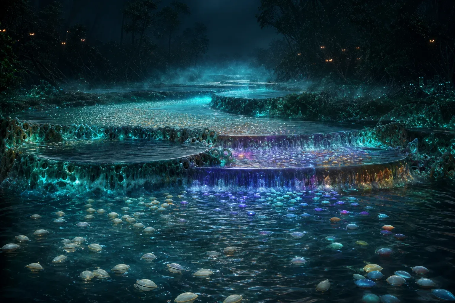 A glowing night river where drifting seed-pods pass through three living coral weirs that split, color, and filter them.