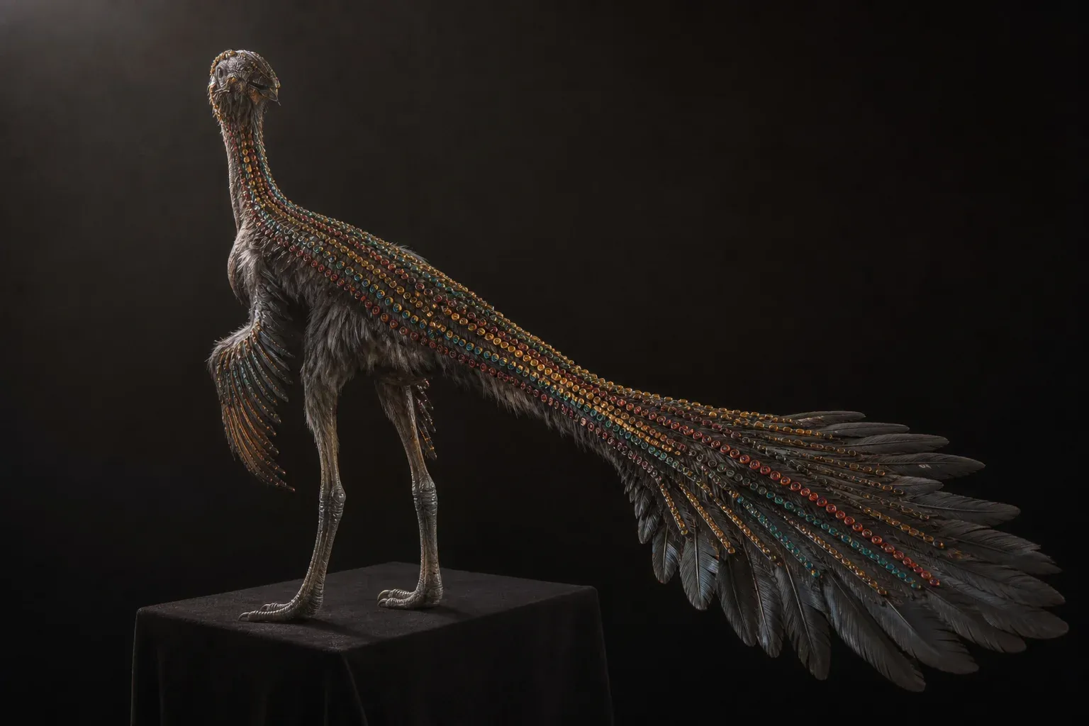 A feathered reptile-bird hybrid on a dark studio plinth, its spine feathers each clipped with small colored enamel tags.