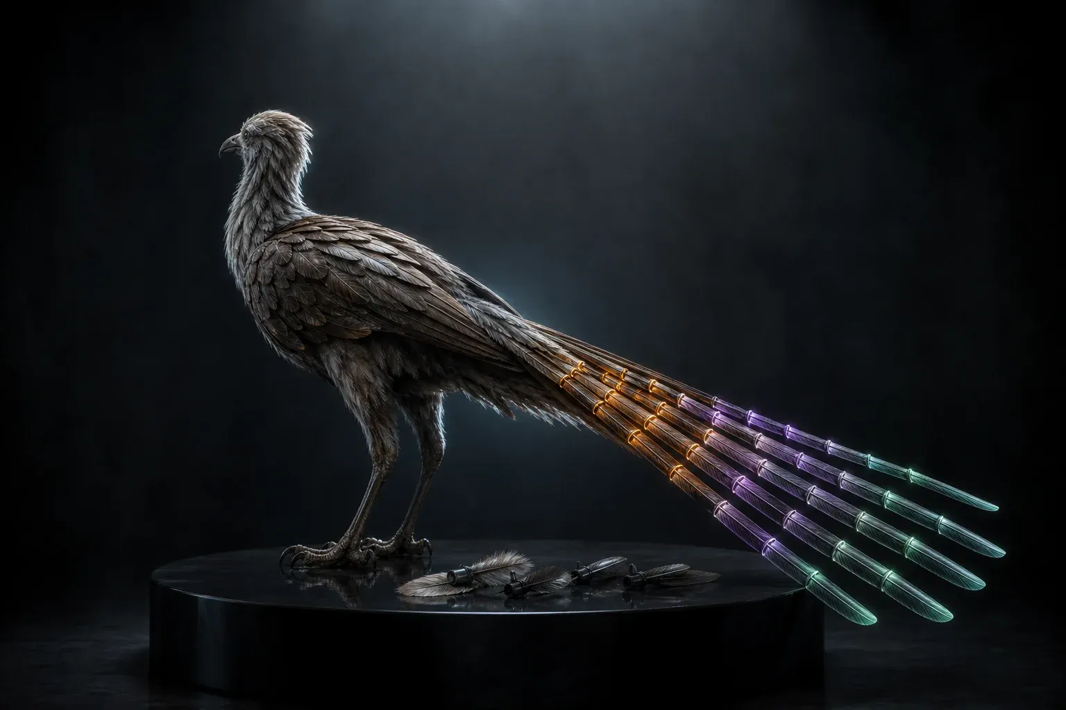 A feathered specimen creature on a black plinth, its tail feathers ranked in columns with small glowing colored collars on each quill.