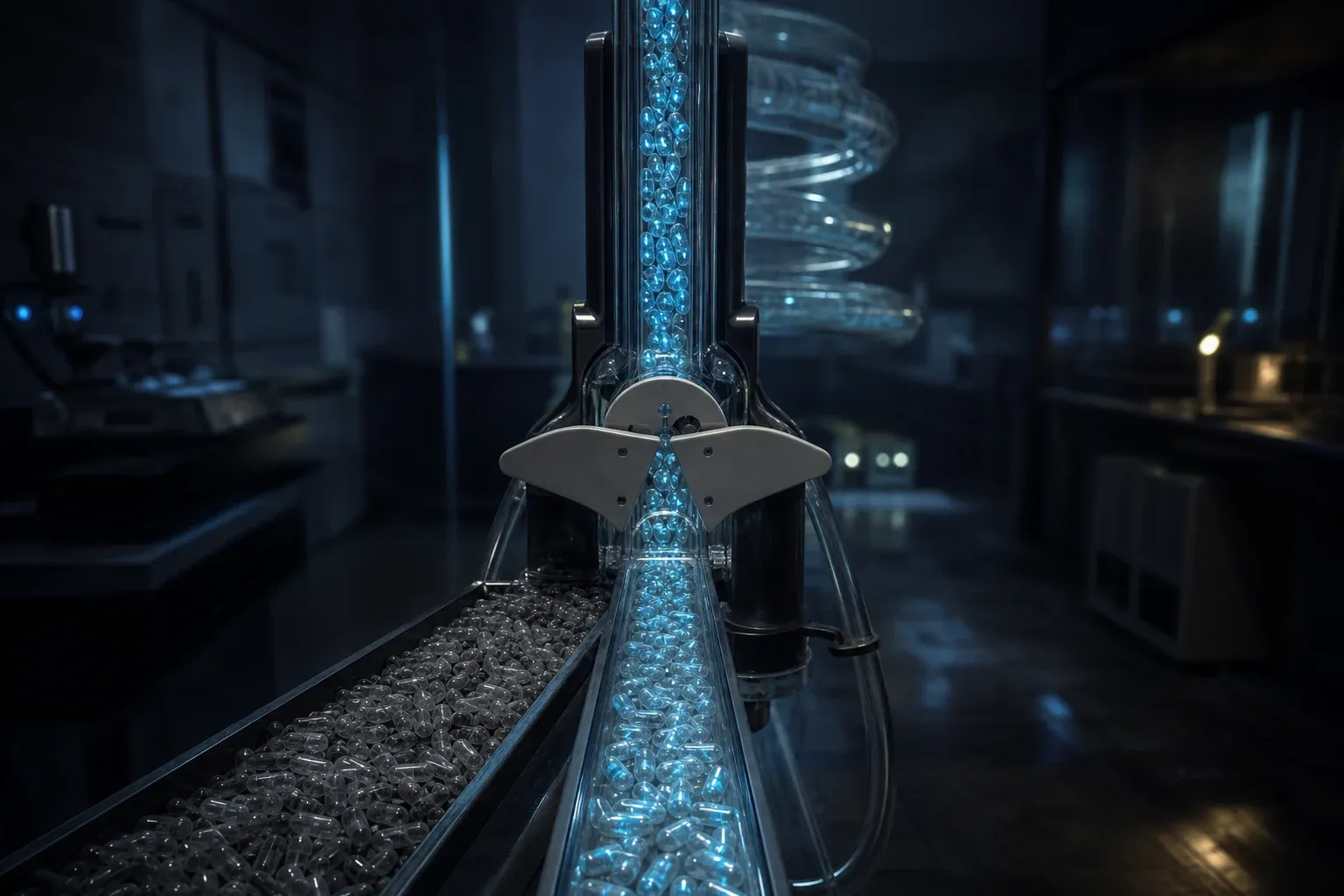 A laboratory machine sorting a stream of tiny glowing DNA capsules, letting a thin bright stream through a gate while most are diverted into a dark tray.