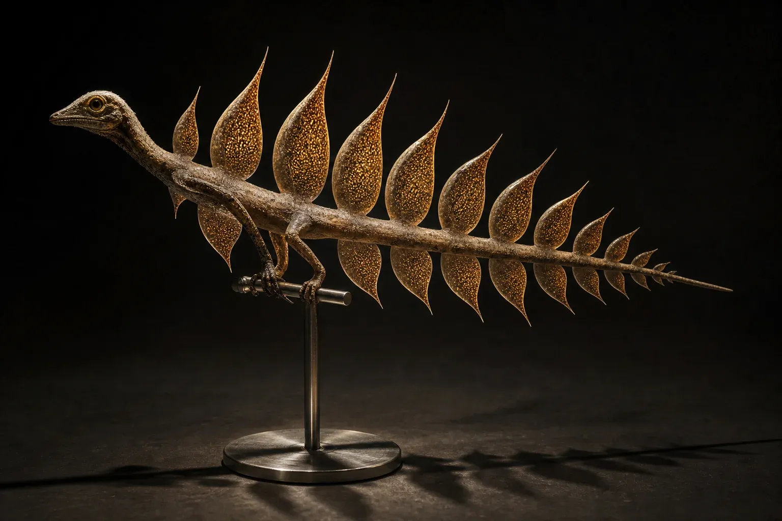 A studio-lit specimen creature on a steel stand, its body lined with paired mirror-symmetrical translucent fins full of glowing cells.