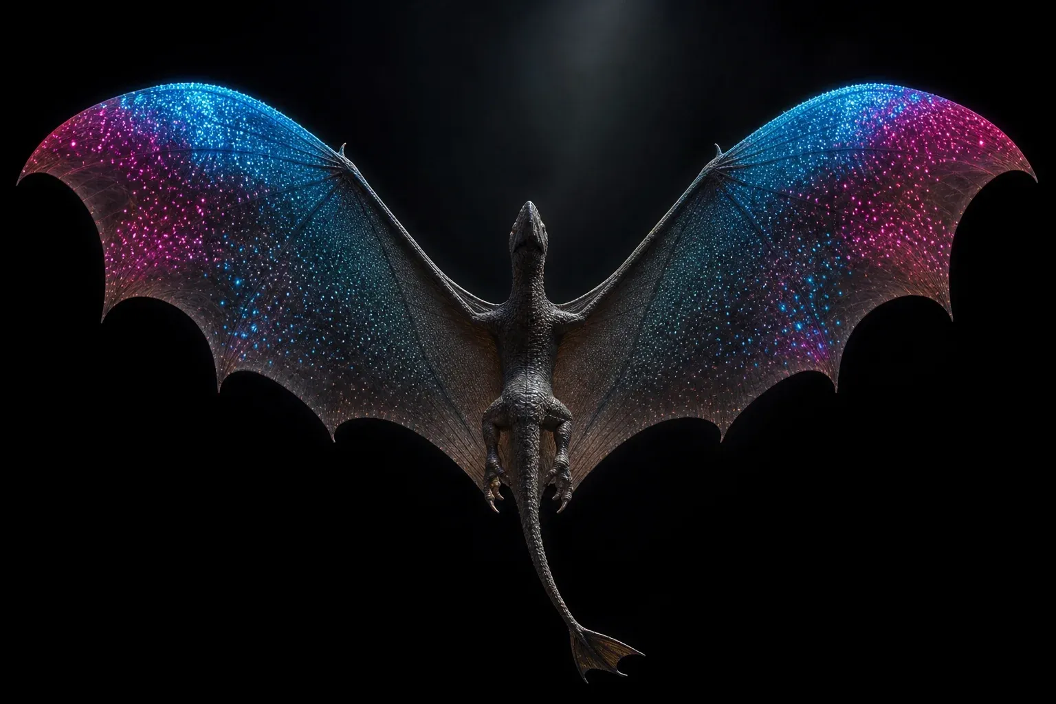 A winged reptile specimen with wings spread in two symmetric plumes, speckled with glowing points, lit against a black backdrop.