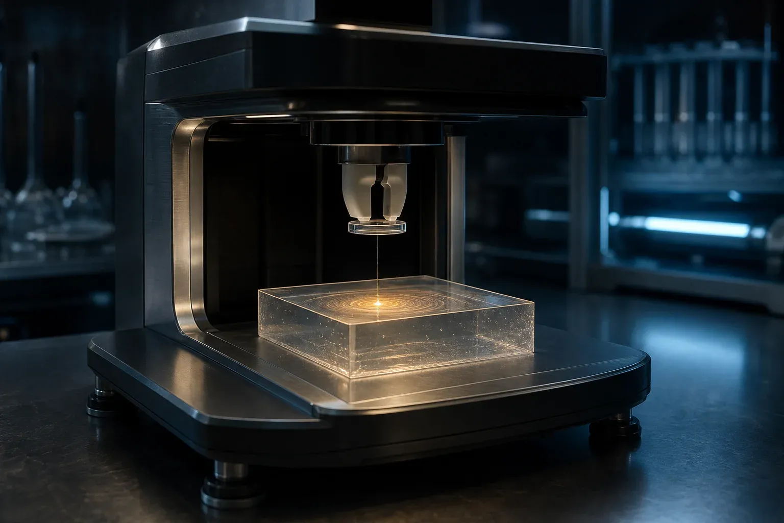 A lab machine lowers a coin-sized sensor with a hair-thin glowing filament into a block of clear gel, where light blooms spread outward.