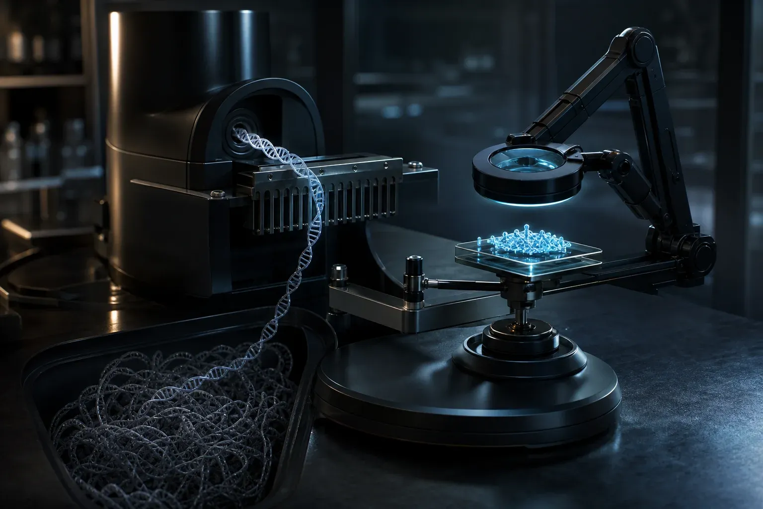A laboratory machine pulls a glowing DNA ribbon through a comb, sorting a few bright fragments onto a small tray on a balance.