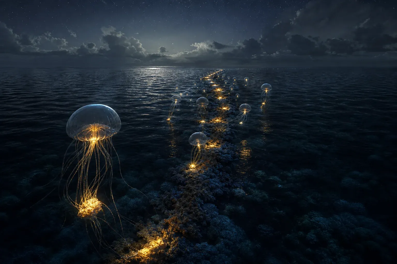 A long coral strand under dark water with only scattered glowing segments, gathered by drifting jellyfish with fine filaments.