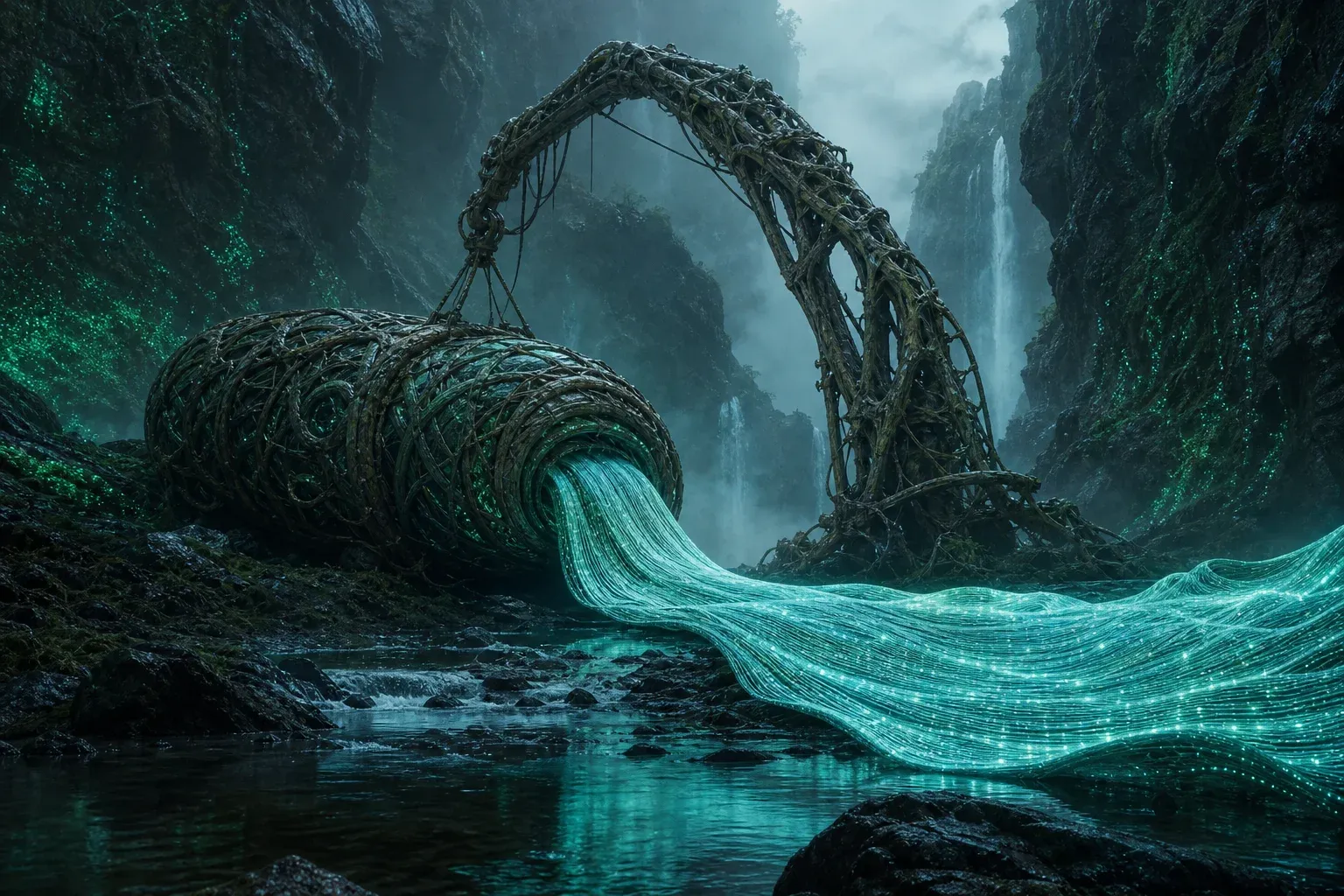 A tightly coiled glowing pod unfolds into a long luminous ribbon over dark rocks in a misty river gorge.