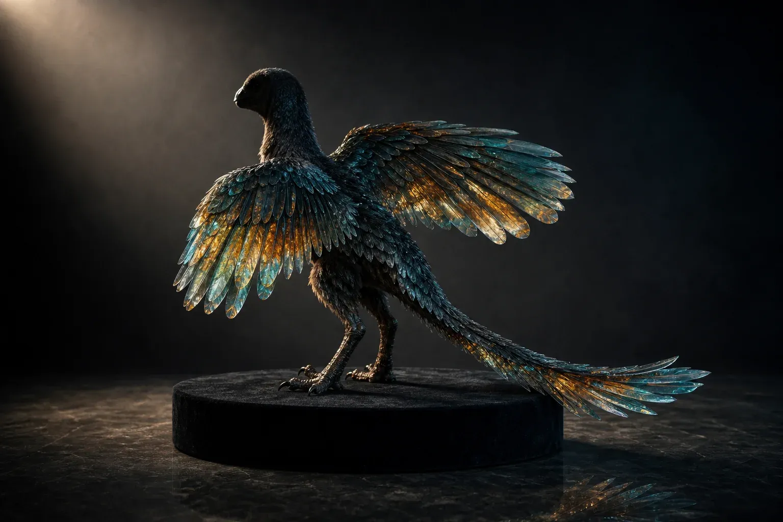 A small feathered reptile specimen on a black plinth, its feathers made of many stacked translucent layers lit in teal and amber.