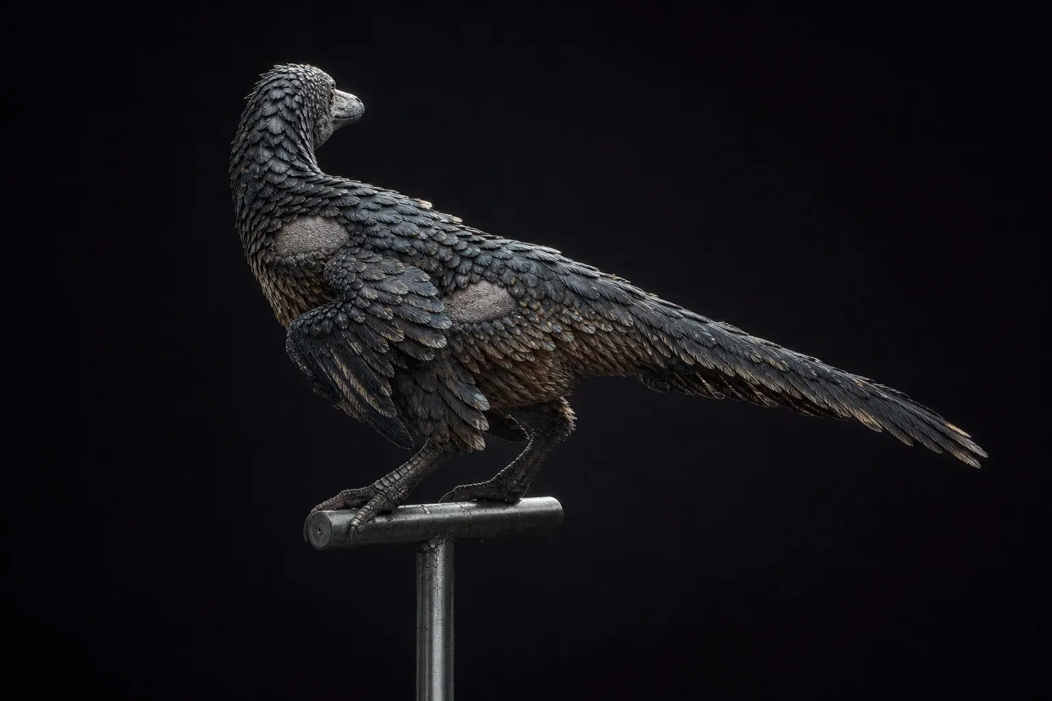 A small feathered reptile specimen on a steel post, its plumage in tight overlapping layers with two bare patches, lit against black.