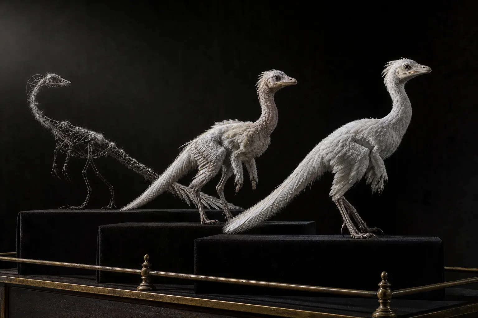Three versions of the same feathered reptile specimen on black plinths, from bare wire frame to fully plumed, under hard studio light.
