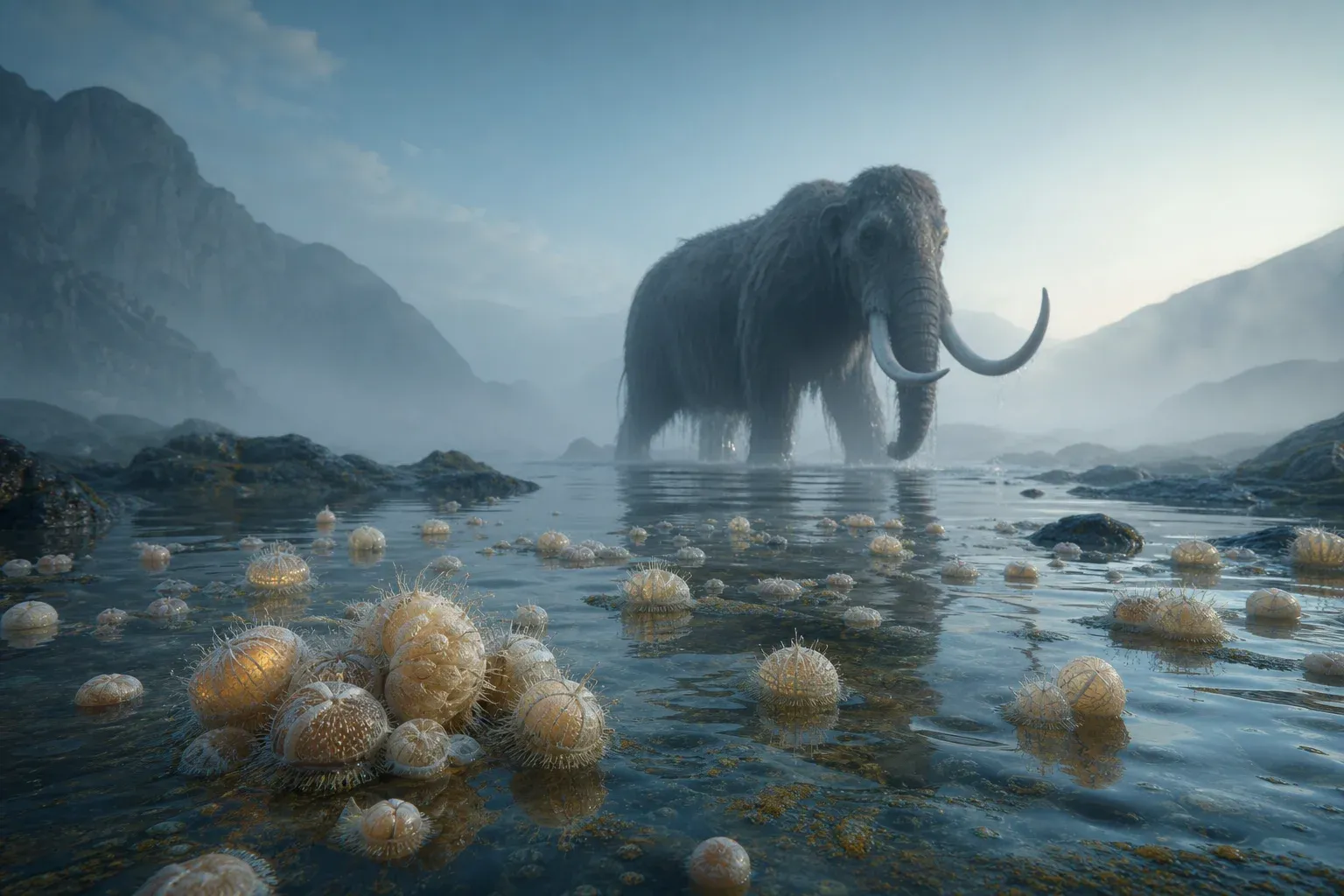 Small glowing self-assembled tissue bodies drift in a misty dawn tide pool, with a huge tusked animal silhouetted in the fog behind.
