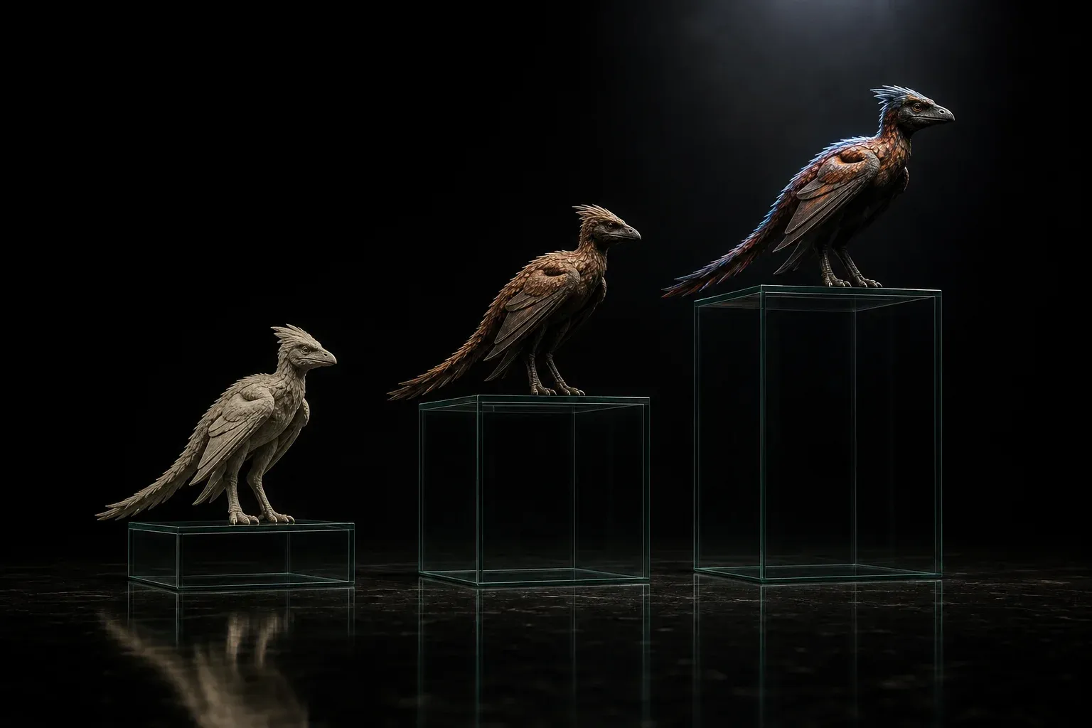 Three glass plinths in a dark studio hold the same winged feathered creature, progressing from rough pale cast to fully iridescent living animal.