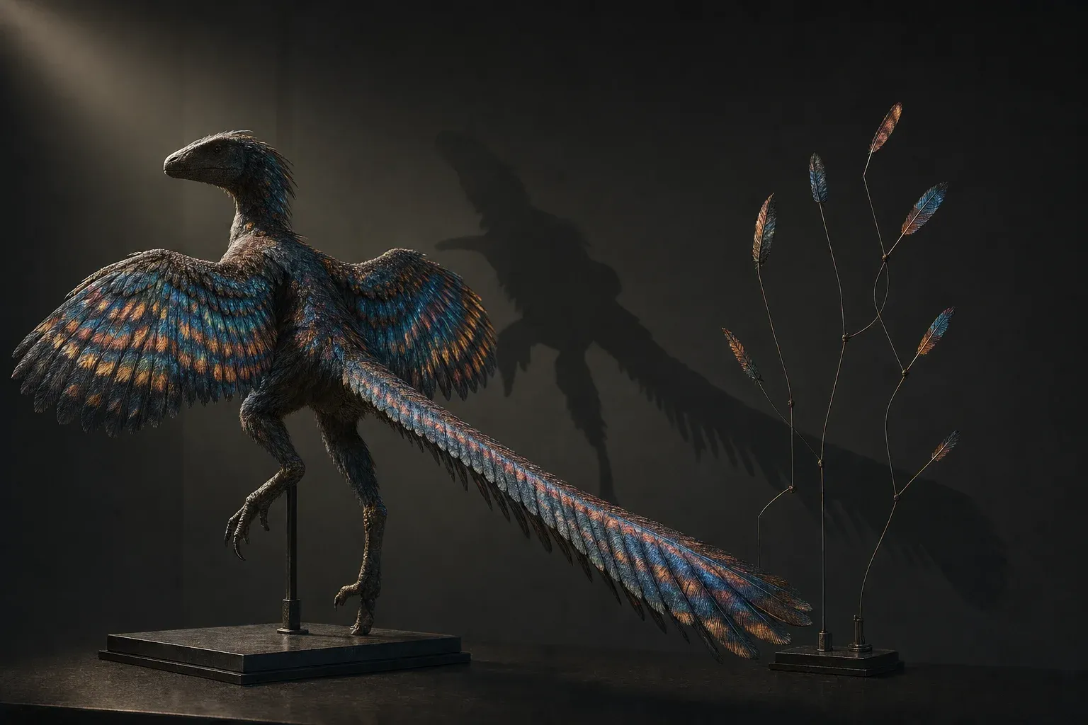 A complete iridescent feathered reptile on a specimen stand, lit against darkness, beside a second mount holding only scattered pinned feathers.